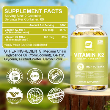 BEWORTHS Vitamin K2 Capsules Support Healthy Bones & Arteries Healthy Brain Cardiovascular Health Calcium Absorption non-GMO