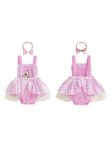 Adorable Toddler Easter Outfit Set with Bunny Print Romper Dress Sleeveless Jumpsuit and Matching Headband for Girls