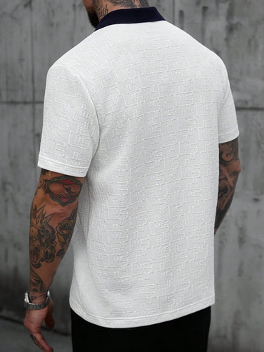 Men's White Textured Polo Shirt with Contrast Navy Collar, Short Sleeve Casual Fit