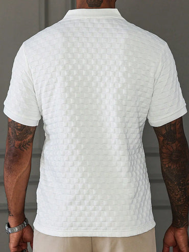 Men's White Textured Waffle Knit Polo Shirt, Short Sleeve, Casual Everyday Wear