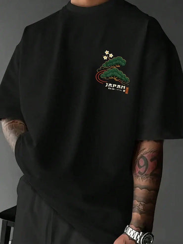 Men's Japanese Crane Embroidered Short Sleeve T-Shirt with Pine Tree Design
