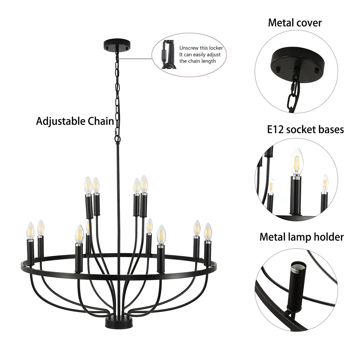 12-Light Black Chandelier Diam 33.46 inch, Farmhouse Industrial Country Style Large Round Pendant Light Fixture for Dining Room