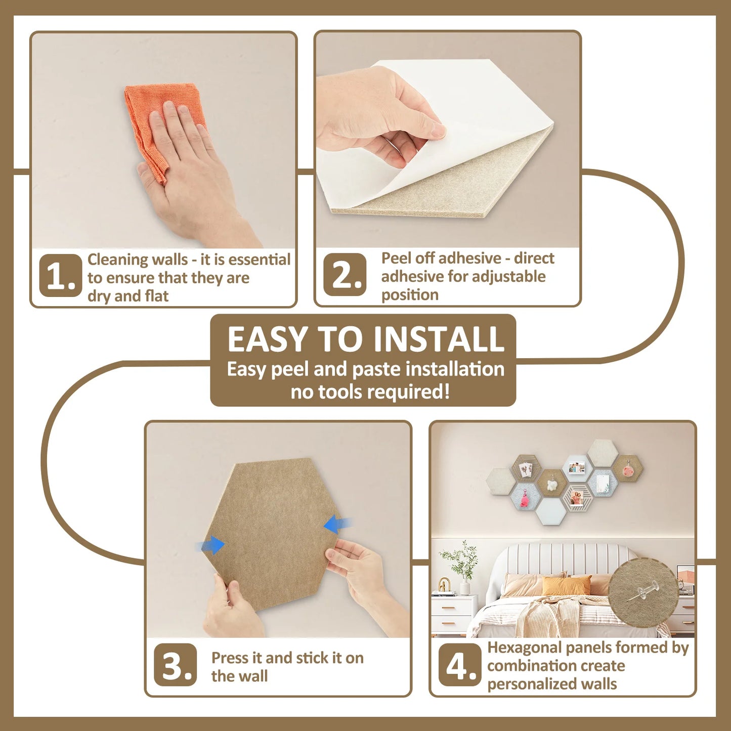 10Pcs Hexagon Felt Cork Bulletin Board Tile High Density Adhesive Pinboard with Push Pin Noise Reducing for Home Wall Decor