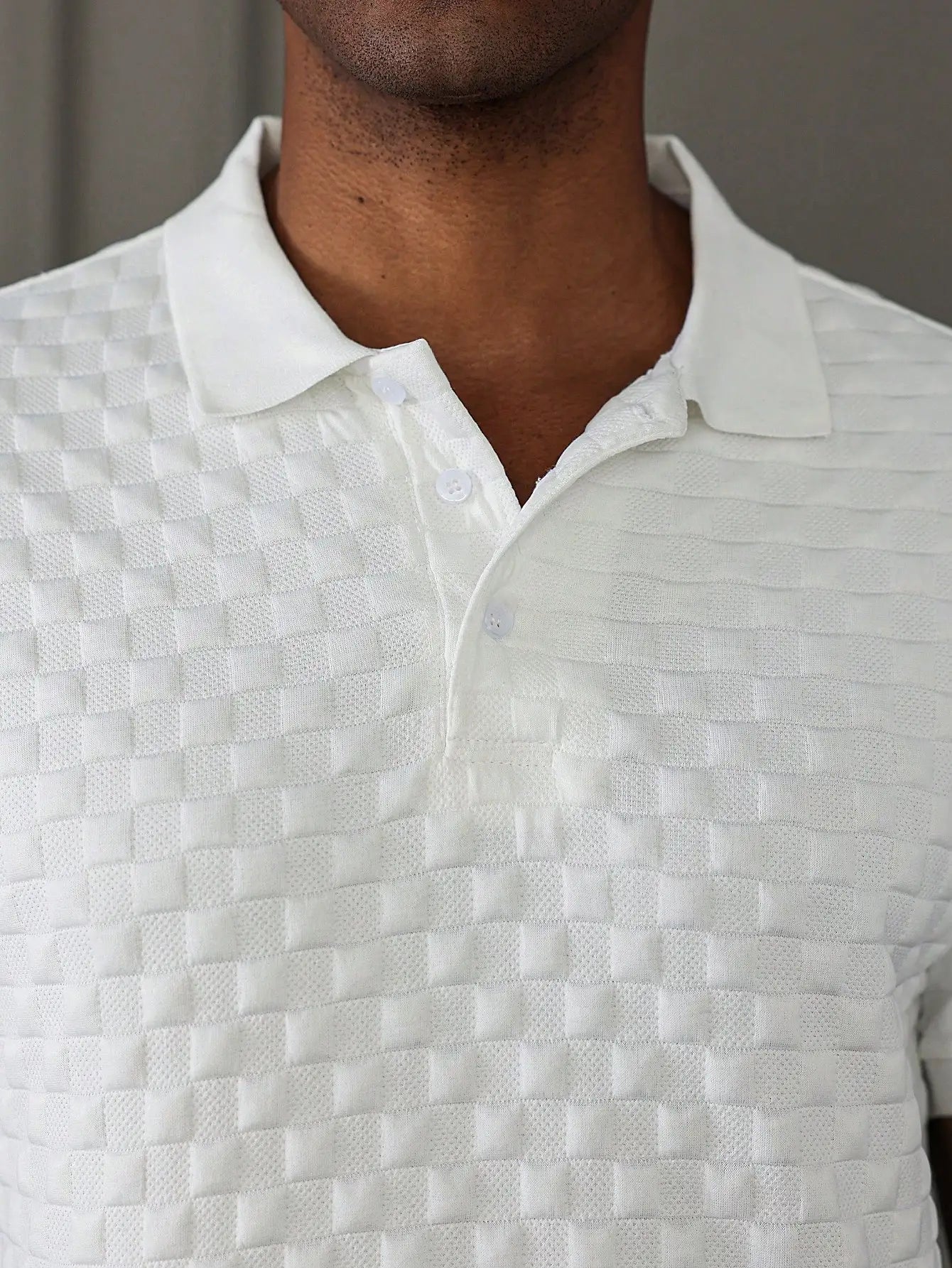 Men's White Textured Waffle Knit Polo Shirt, Short Sleeve, Casual Everyday Wear