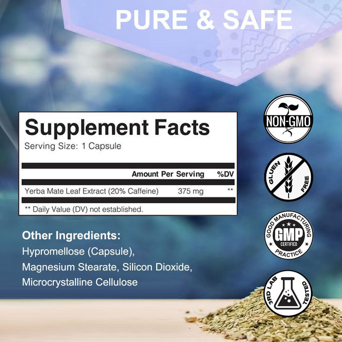 WINYEL Yerba Mate Capsules  75mg Natural Caffeine Per Capsule  Natural Plant-Based Energy & Focus Support  Supports Mental Clarity & Digestive Wellness Gut Health  60 Capsules