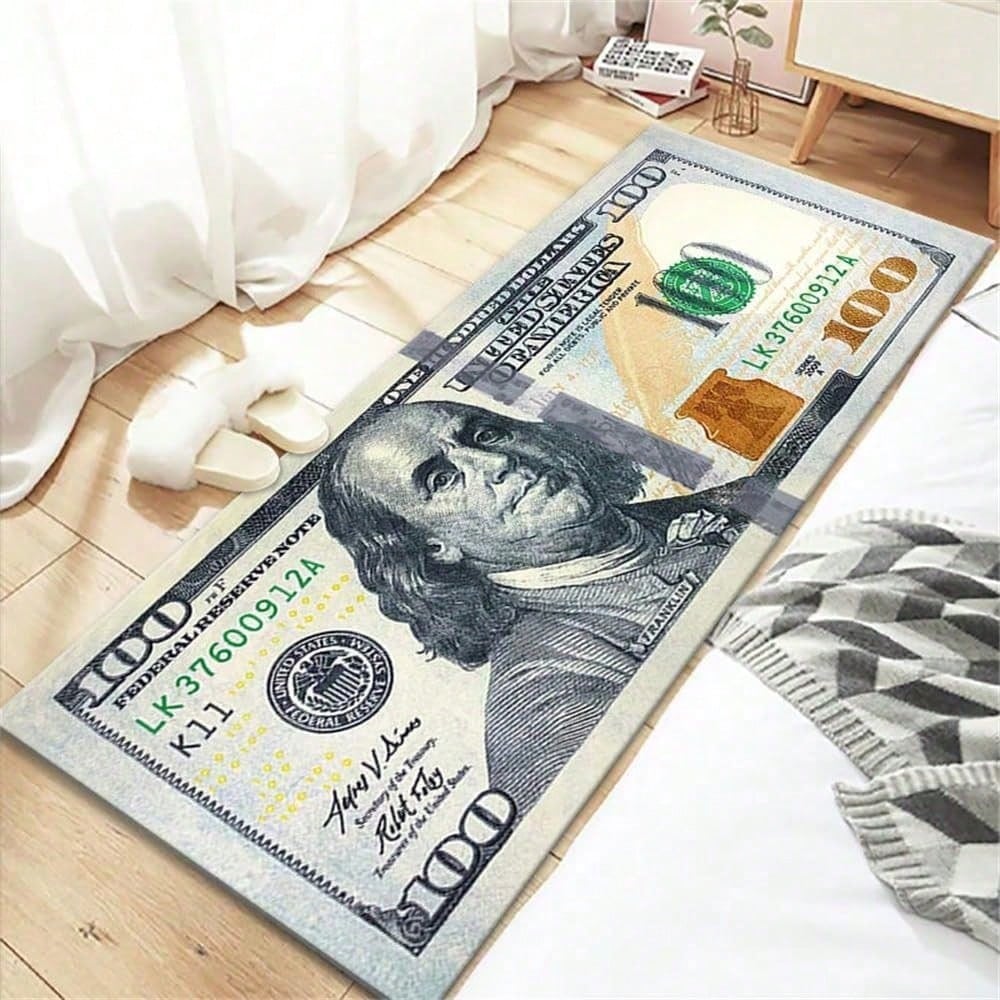 One Hundred Dollar Design Area Rug, Currency Inspired Non-Slip Carpet For Living Room & Entryway