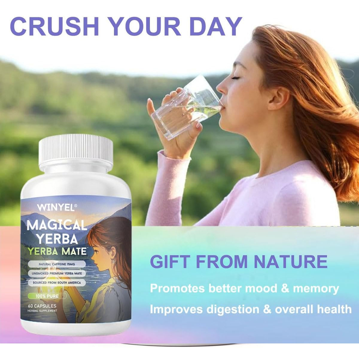 WINYEL Yerba Mate Capsules  75mg Natural Caffeine Per Capsule  Natural Plant-Based Energy & Focus Support  Supports Mental Clarity & Digestive Wellness Gut Health  60 Capsules