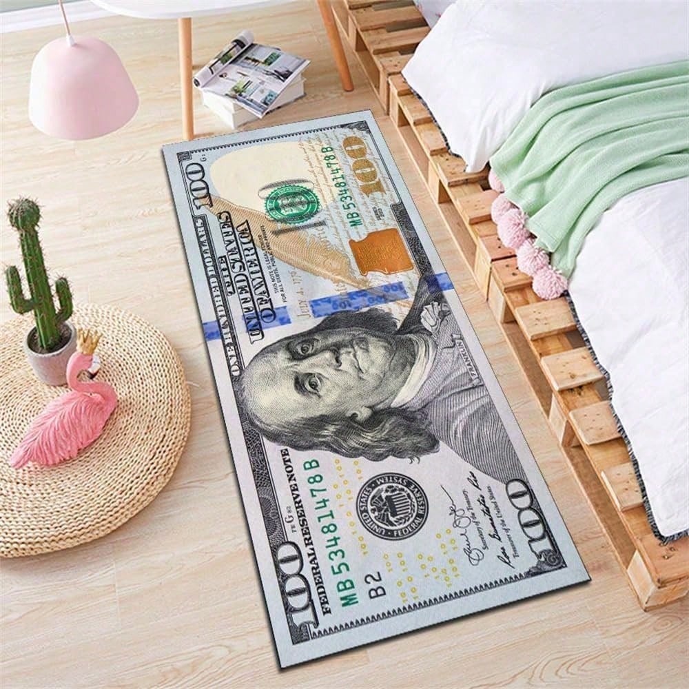 One Hundred Dollar Design Area Rug, Currency Inspired Non-Slip Carpet For Living Room & Entryway