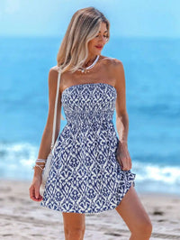 Women's Sleeveless Smocked Waist Ikat Print Mini Dress for Summer Beach
