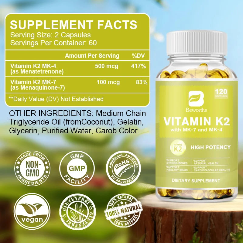 BEWORTHS Vitamin K2 Capsules Support Healthy Bones & Arteries Healthy Brain Cardiovascular Health Calcium Absorption non-GMO