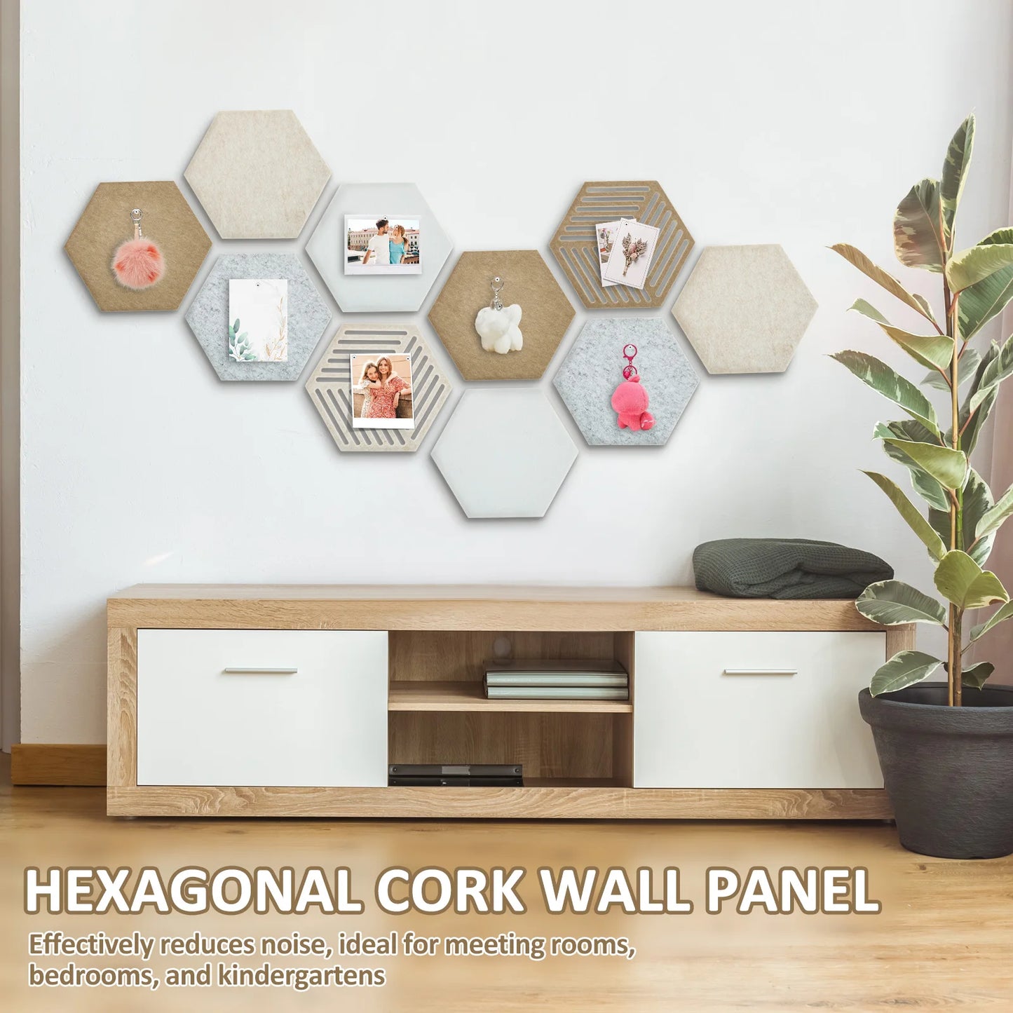 10Pcs Hexagon Felt Cork Bulletin Board Tile High Density Adhesive Pinboard with Push Pin Noise Reducing for Home Wall Decor