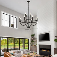 12-Light Black Chandelier Diam 33.46 inch, Farmhouse Industrial Country Style Large Round Pendant Light Fixture for Dining Room