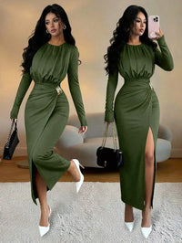 Brown Long Sleeve Fitted Dress with Waist Cinch and Side Slit, Elegant Chic for Party or Commute