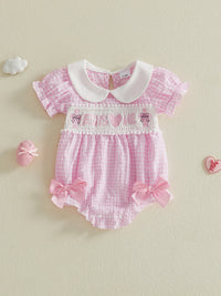 Stylish Baby Girls Summer Romper with Cute Heart Embroidery Short Sleeves Doll Collar and Trendy Plaid Design Jumpsuit