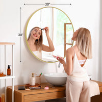 JHK 30 Inch Large Gold Round Vanity Framed Mirror for Wall Matte Metal Framed Modern Mirror Tempered Glass Bedroom Living Room