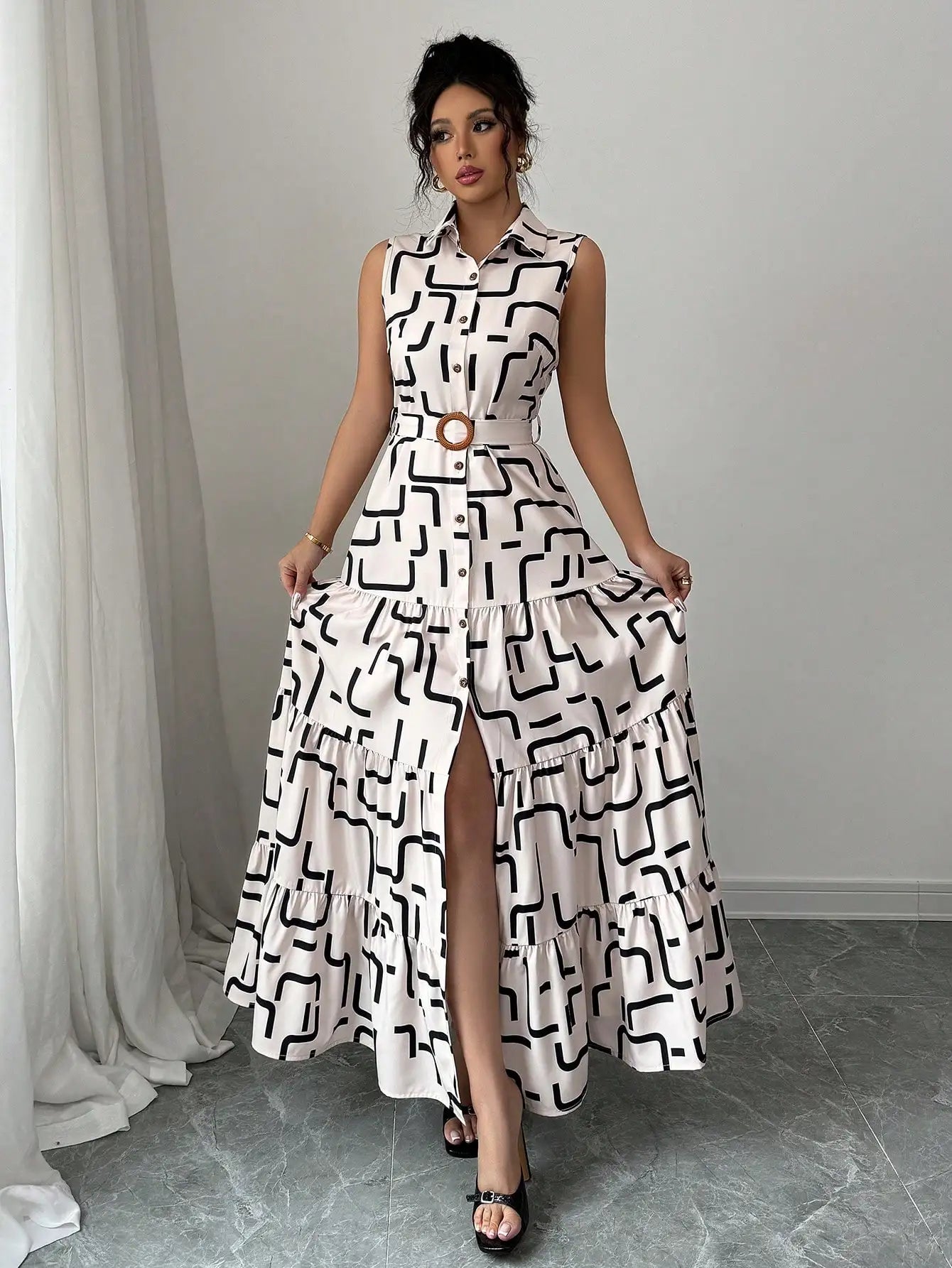 Sleeveless Button-Front Midi Dress with Geometric Print and Tiered Ruffle Skirt