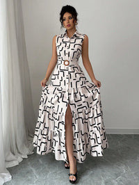 Sleeveless Button-Front Midi Dress with Geometric Print and Tiered Ruffle Skirt