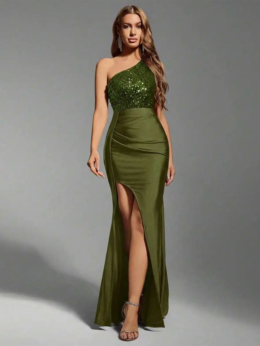 Emerald Green One-Shoulder Sequin Bodice High Slit Maxi Dress