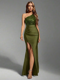 Emerald Green One-Shoulder Sequin Bodice High Slit Maxi Dress