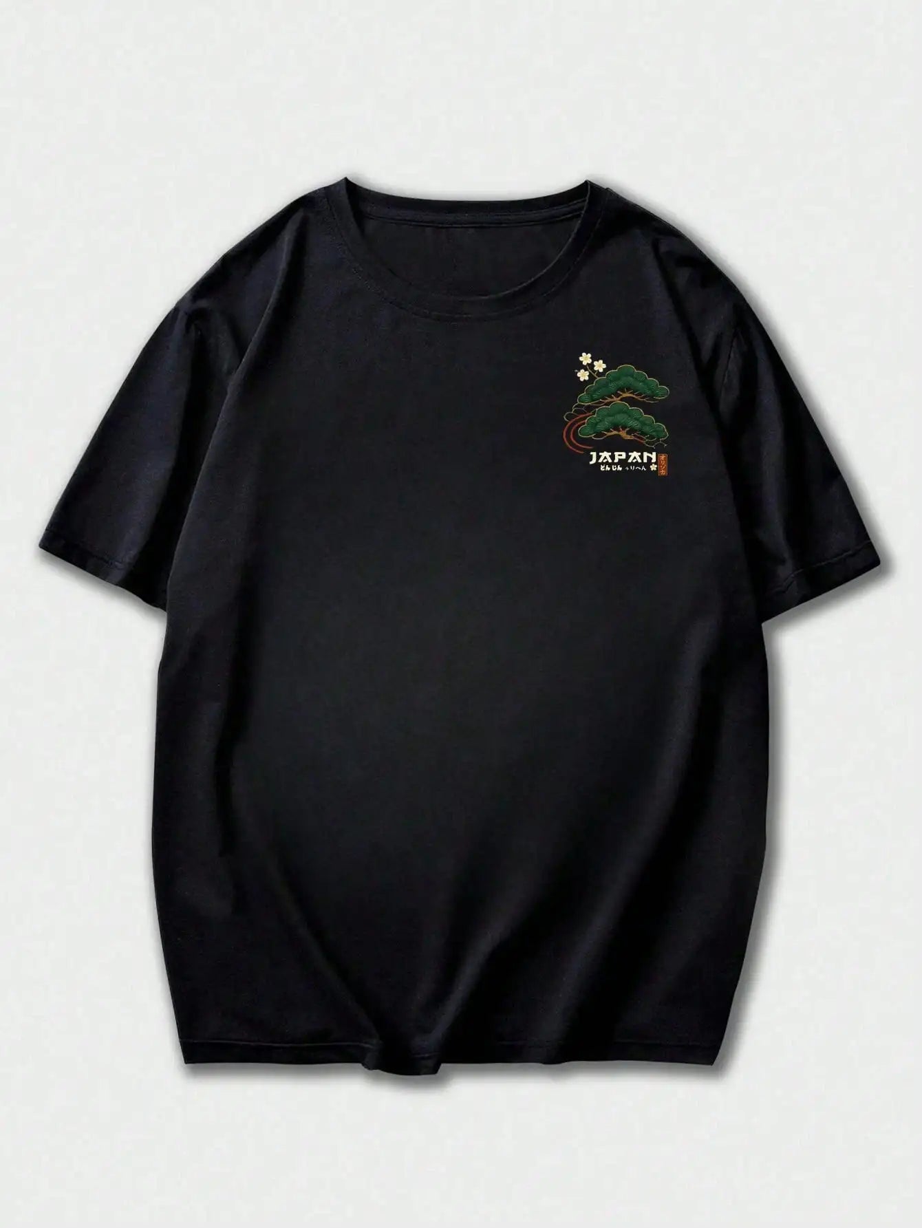 Men's Japanese Crane Embroidered Short Sleeve T-Shirt with Pine Tree Design