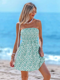 Women's Sleeveless Smocked Waist Ikat Print Mini Dress for Summer Beach