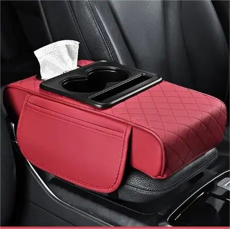 PU Leather Car Armrest Box 7.5CM Thicken Extension Cushion with Cup Holder Tissue Box Side Storage Pocket Arm Rest Cover Pad