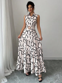 Sleeveless Button-Front Midi Dress with Geometric Print and Tiered Ruffle Skirt