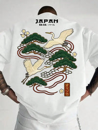 Men's Japanese Crane Embroidered Short Sleeve T-Shirt with Pine Tree Design