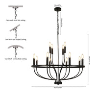 12-Light Black Chandelier Diam 33.46 inch, Farmhouse Industrial Country Style Large Round Pendant Light Fixture for Dining Room
