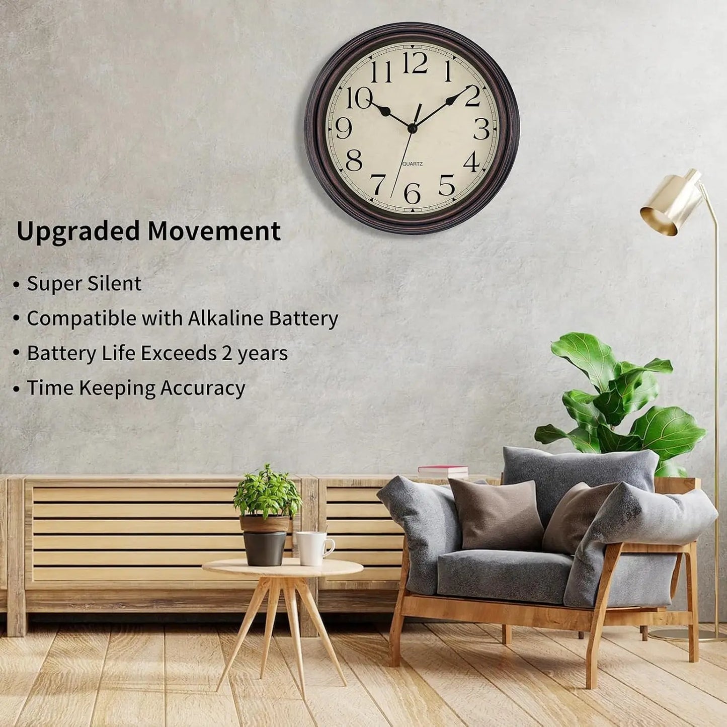 Retro Silent Non-Ticking Round Classic Clock Quartz Decorative Battery Operated Wall Clock for Living Room Kitchen Home Office 1