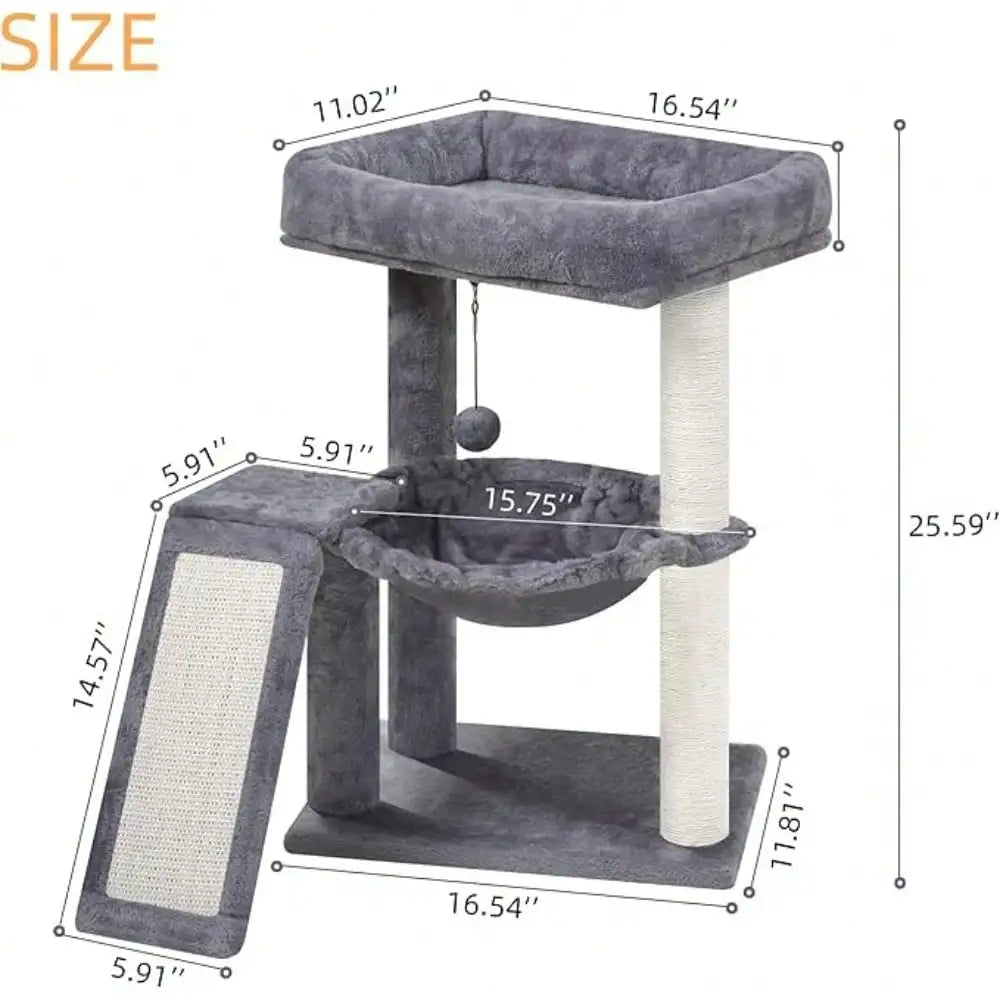Cat Tree With Scratching Post For Indoor Cats, Cat Tower With Scratching Board And Playful Toy Balls, Cozy Hammock Perch, Grey C