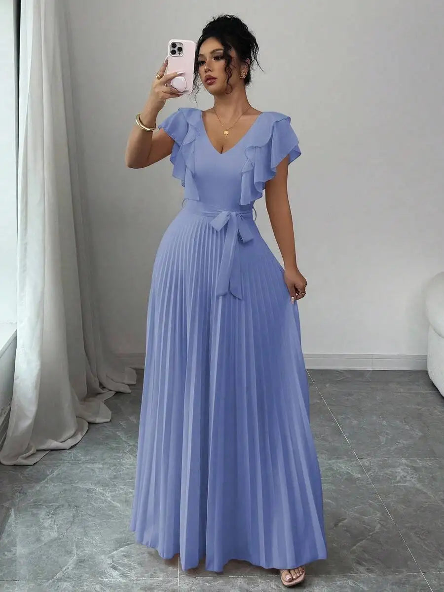 Burgundy V-Neck Ruffle Sleeve Pleated A-Line Maxi Dress with Waist Tie