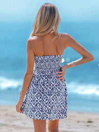 Women's Sleeveless Smocked Waist Ikat Print Mini Dress for Summer Beach