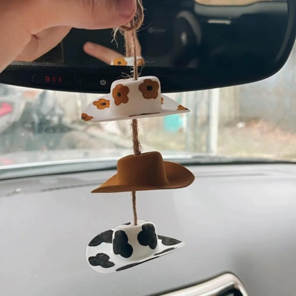Cowboy Hat Car Charm,Country Rear View Mirror Hanging Accessories,Sunflower Cowgirl hat Cow Print Car Decor,Cute Handmade Felt M