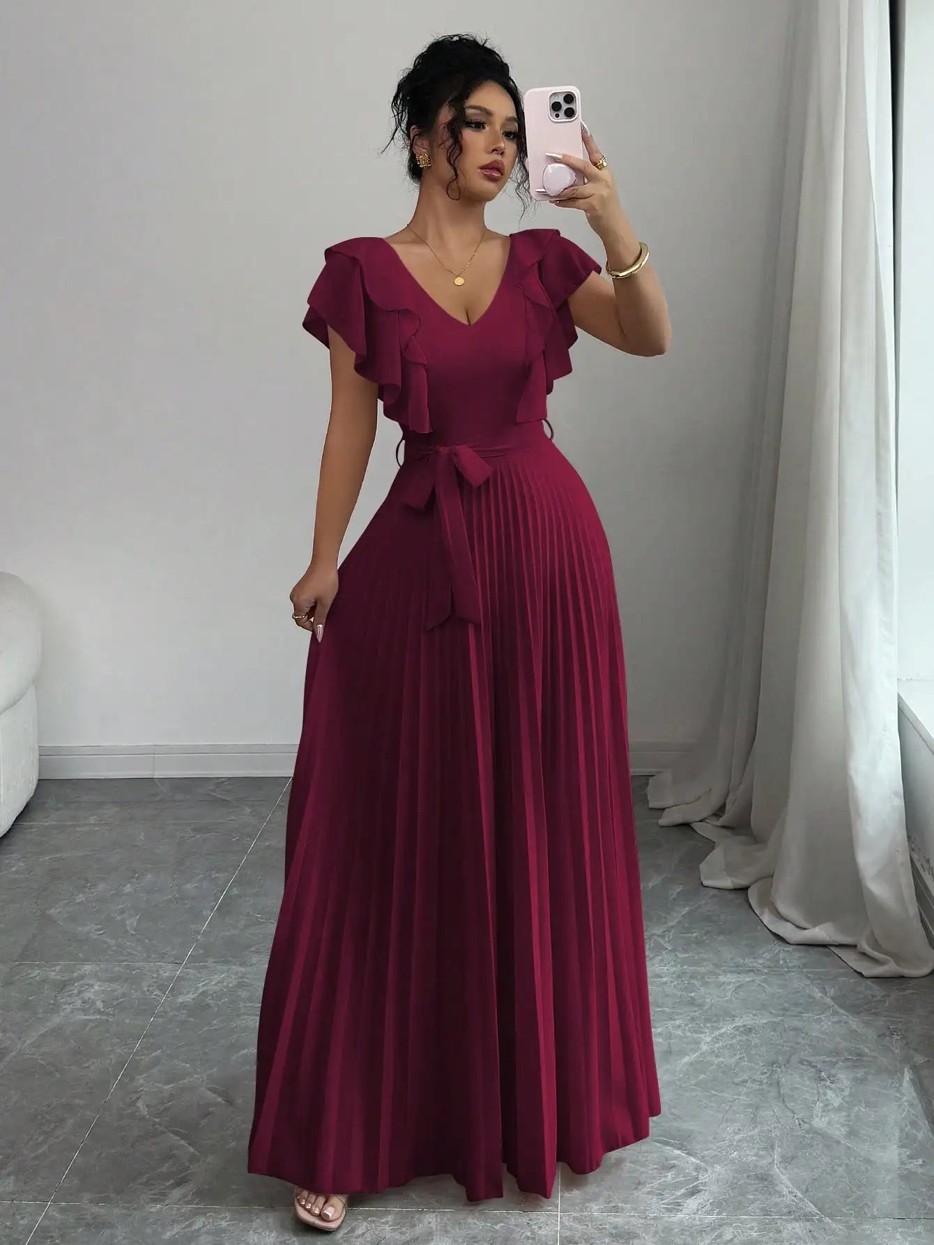 Burgundy V-Neck Ruffle Sleeve Pleated A-Line Maxi Dress with Waist Tie