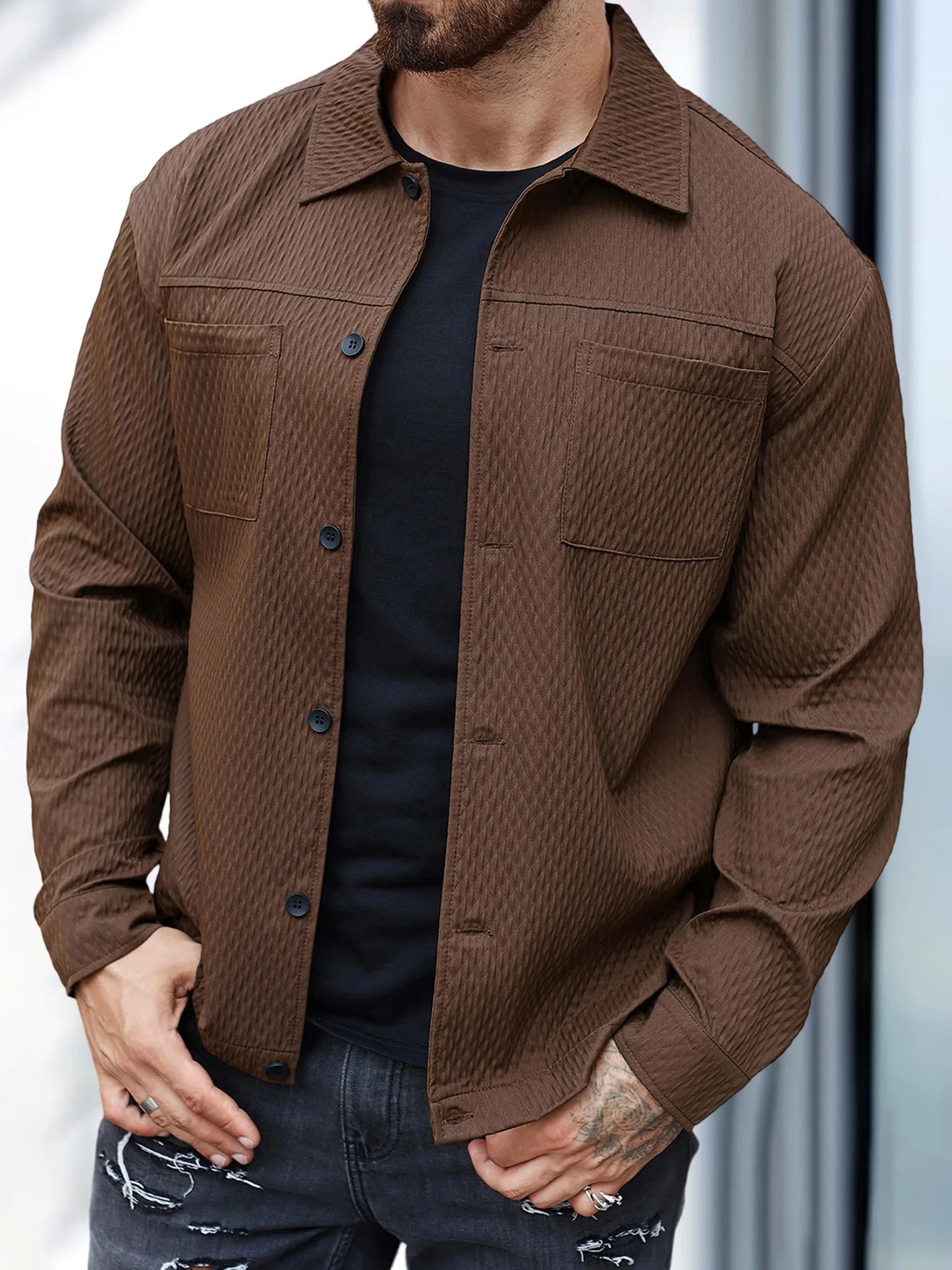 Men s Casual Shirt Jacket Regular Fit Solid Color Long Sleeve Button-up Tops Spring Fall Streetwear Fashion Outwear Coat