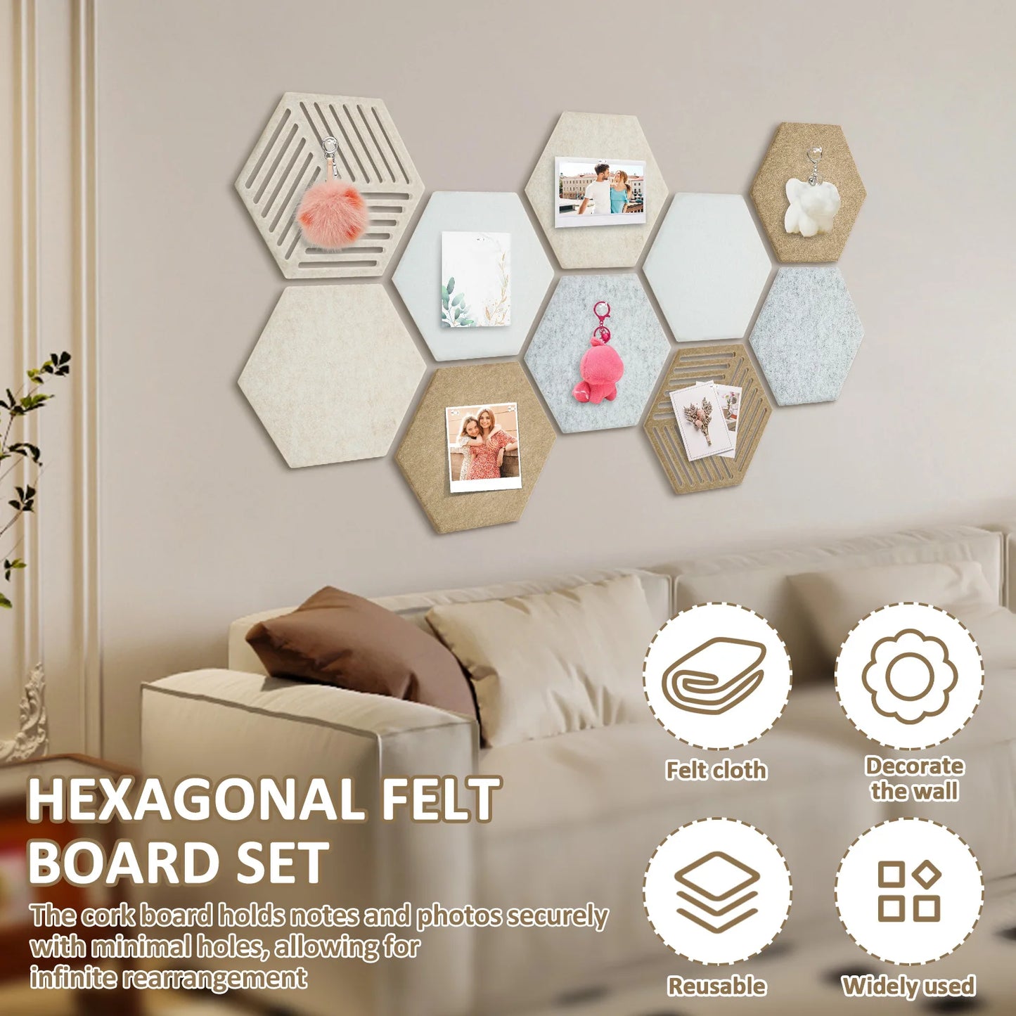 10Pcs Hexagon Felt Cork Bulletin Board Tile High Density Adhesive Pinboard with Push Pin Noise Reducing for Home Wall Decor