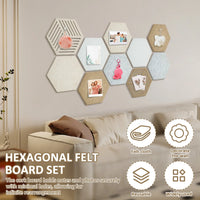 10Pcs Hexagon Felt Cork Bulletin Board Tile High Density Adhesive Pinboard with Push Pin Noise Reducing for Home Wall Decor