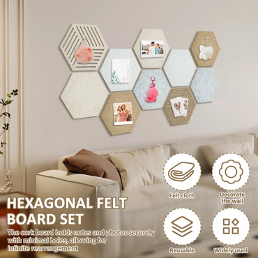 10Pcs Hexagon Felt Cork Bulletin Board Tile High Density Adhesive Pinboard with Push Pin Noise Reducing for Home Wall Decor