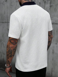 Men's White Textured Polo Shirt with Contrast Navy Collar, Short Sleeve Casual Fit