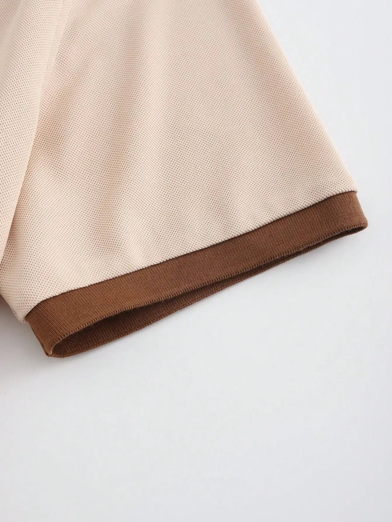 Men's Beige Mesh Polo Shirt with Contrast Brown Trim and Button Placket