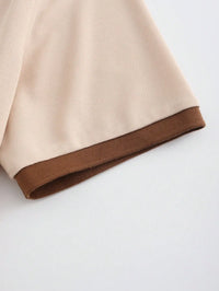 Men's Beige Mesh Polo Shirt with Contrast Brown Trim and Button Placket
