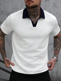 Men's White Textured Polo Shirt with Contrast Navy Collar, Short Sleeve Casual Fit