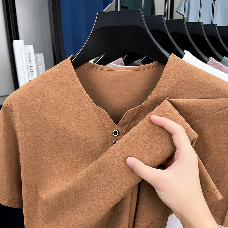 New Men's Casual and Fashionable Three Button V-neck Solid Color Short Sleeved T-shirt Summer Versatile Top