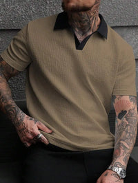 Men's White Textured Polo Shirt with Contrast Navy Collar, Short Sleeve Casual Fit