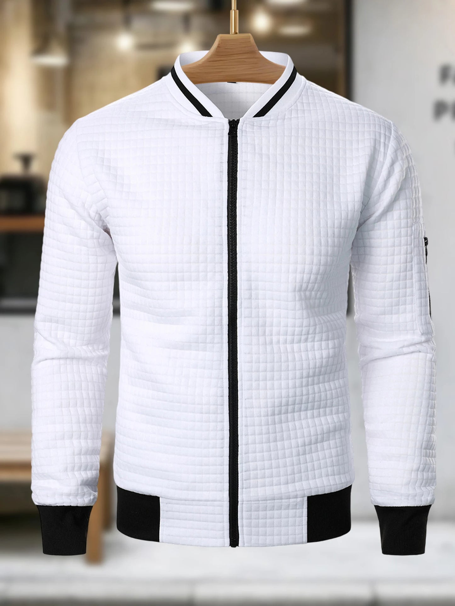 Men s Casual  Fit Zipper Up Lightweight Stand Collar Jacket Spring Fall Coat with Contrast Color Detail