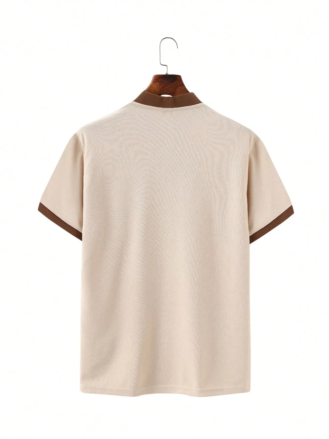 Men's Beige Mesh Polo Shirt with Contrast Brown Trim and Button Placket
