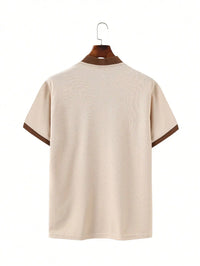Men's Beige Mesh Polo Shirt with Contrast Brown Trim and Button Placket