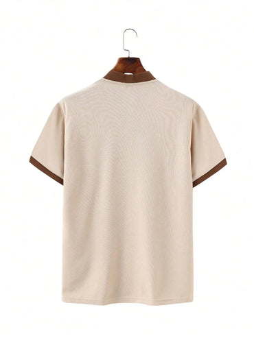 Men's Beige Mesh Polo Shirt with Contrast Brown Trim and Button Placket