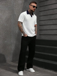 Men's White Textured Polo Shirt with Contrast Navy Collar, Short Sleeve Casual Fit